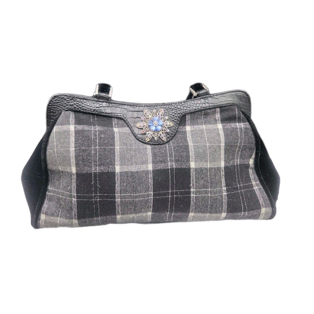 Vintage Marshall Fields Velvet And Faux Leather Purse Black Plaid Rhinestone